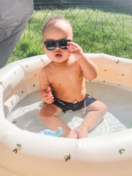 Cutest toddler pool & toddler sunglasses! Both come in other colors or patterns 🫶🏼 Swim trunks are binky bro  toddler swim trunks, baby swim trunks, toddler swim, toddler swimming pool. 

#LTKBaby #LTKKids #LTKSwim