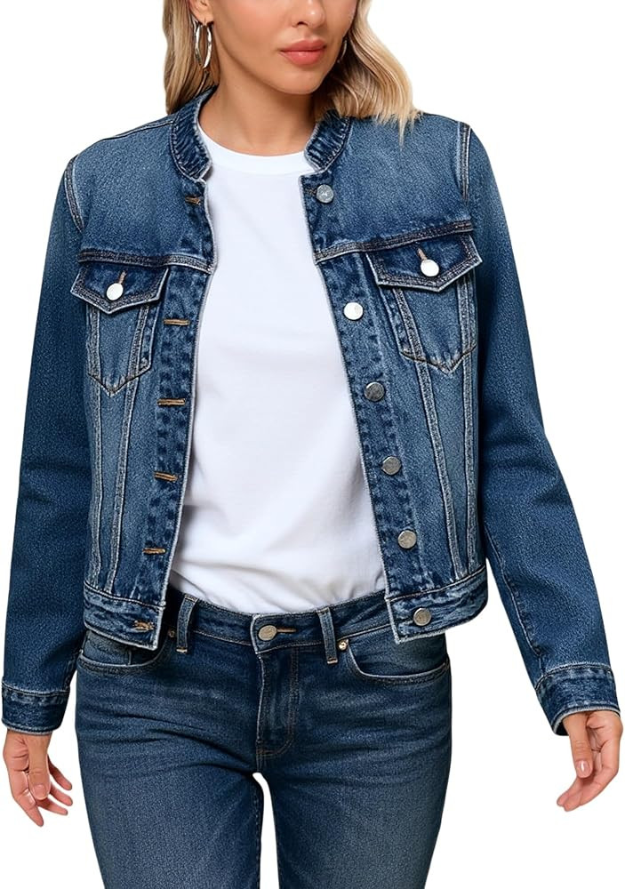 MsavigVice Women's Denim Jacket Collarless Long Sleeve Button Down Casual Cropped Jean Shacket | Amazon (US)