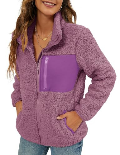 VVK Fuzzy Jackets for Women 2024 Winter Coat Faux Fur Fleece Jacket Long Sleeve Lapel Zip Up Pockets Shaggy Warm Outerwear (Mauve,L) | Amazon (US)
