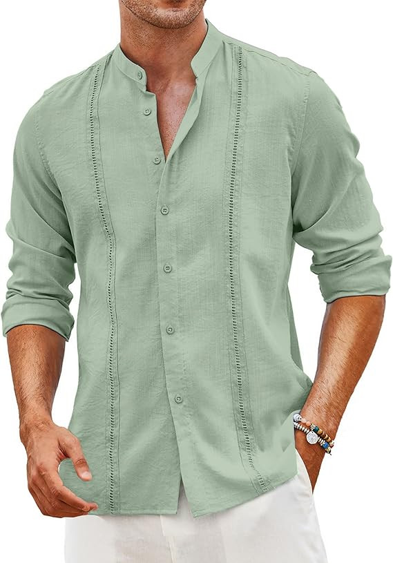 COOFANDY Men's Cuban Guayabera Shirts Casual Long Sleeve Button Down Shirts Band Collar Linen Sum... | Amazon (US)