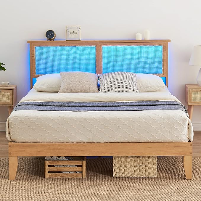 IDEALHOUSE Full Bed Frame with Natural Rattan Headboard, Platform Bed Frame Full Size with Storag... | Amazon (US)