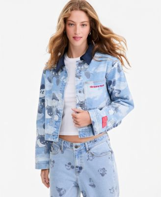 Women's Mickey & Friends Parade Balloon Printed Cropped Denim Jacket, Macy's Exclusive | Macy's