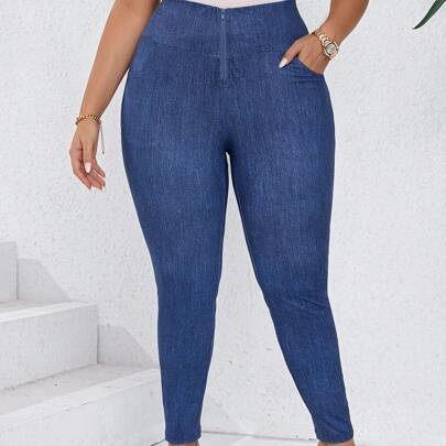 Plus Size High Stretch Denim-Like Leggings With Pockets | SHEIN