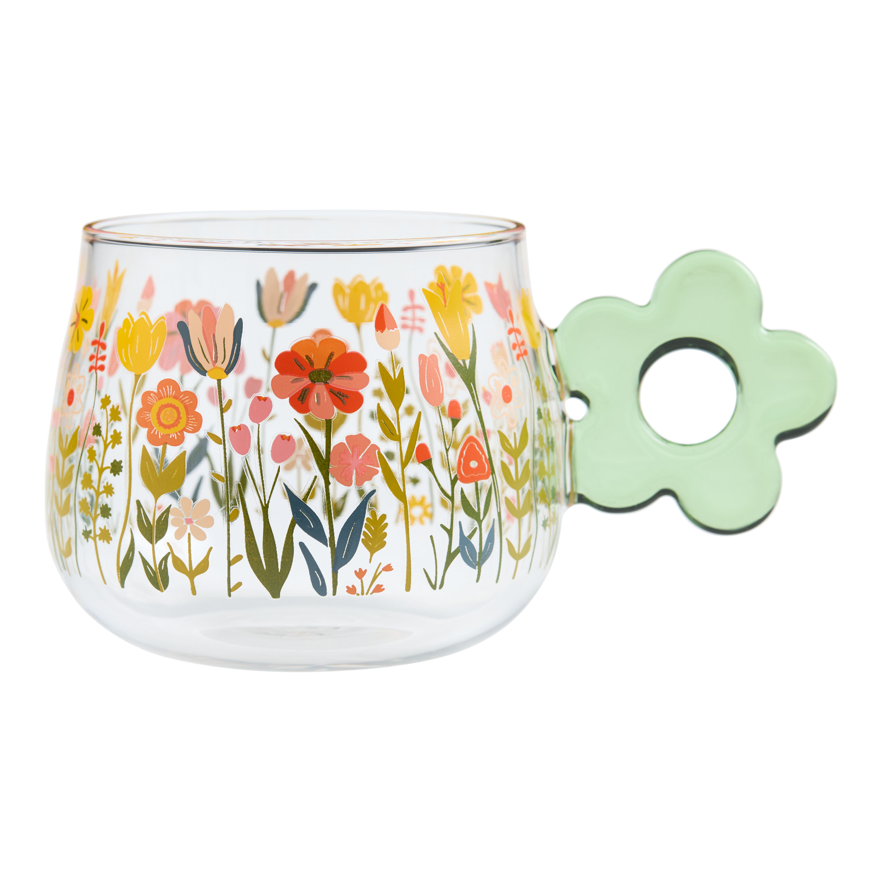 Green Retro Wildflower Floral Handle Glass Mug | World Market