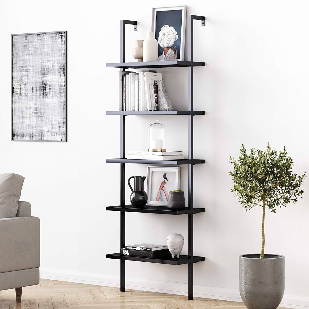 Nathan James Theo 5-Shelf Black Modern Bookcase, Open Wall Mount Ladder Bookshelf with Industrial... | Amazon (US)