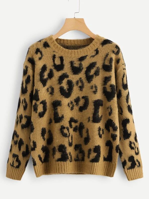 SHEIN Leopard Print Fuzzy Sweater | SHEIN