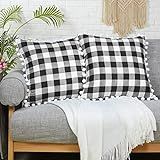 Soffta Buffalo Plaid Check Throw Pillow Covers 18 x 18 Inch Pack of 2 100% Pure Cotton Pompom Tassel | Amazon (US)