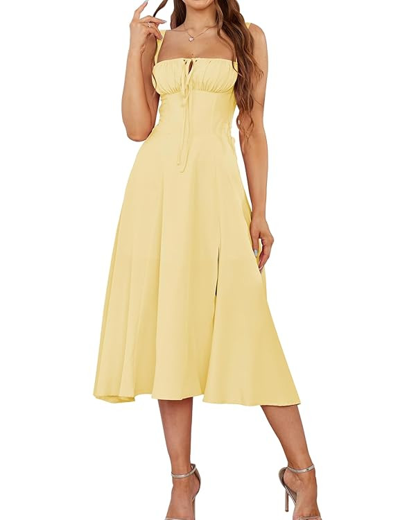 Floral Midi Corset Dress Boho Flowy Slit Lace Up Dresses for Women Going Out A Line Casual Sundre... | Amazon (US)