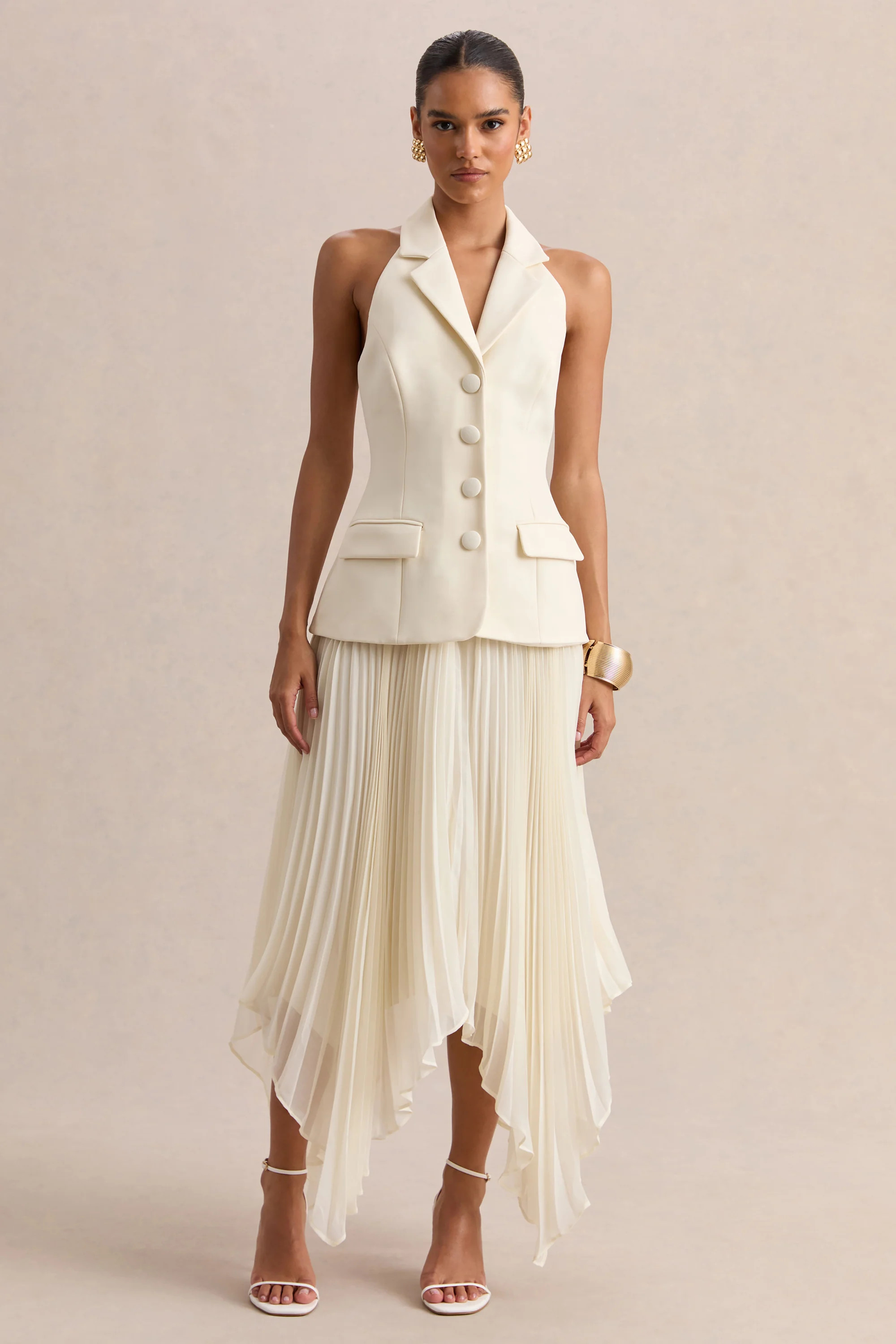 Marvelle | Cream Plunge-Neck Maxi Dress With Hanky Hem | Club L London
