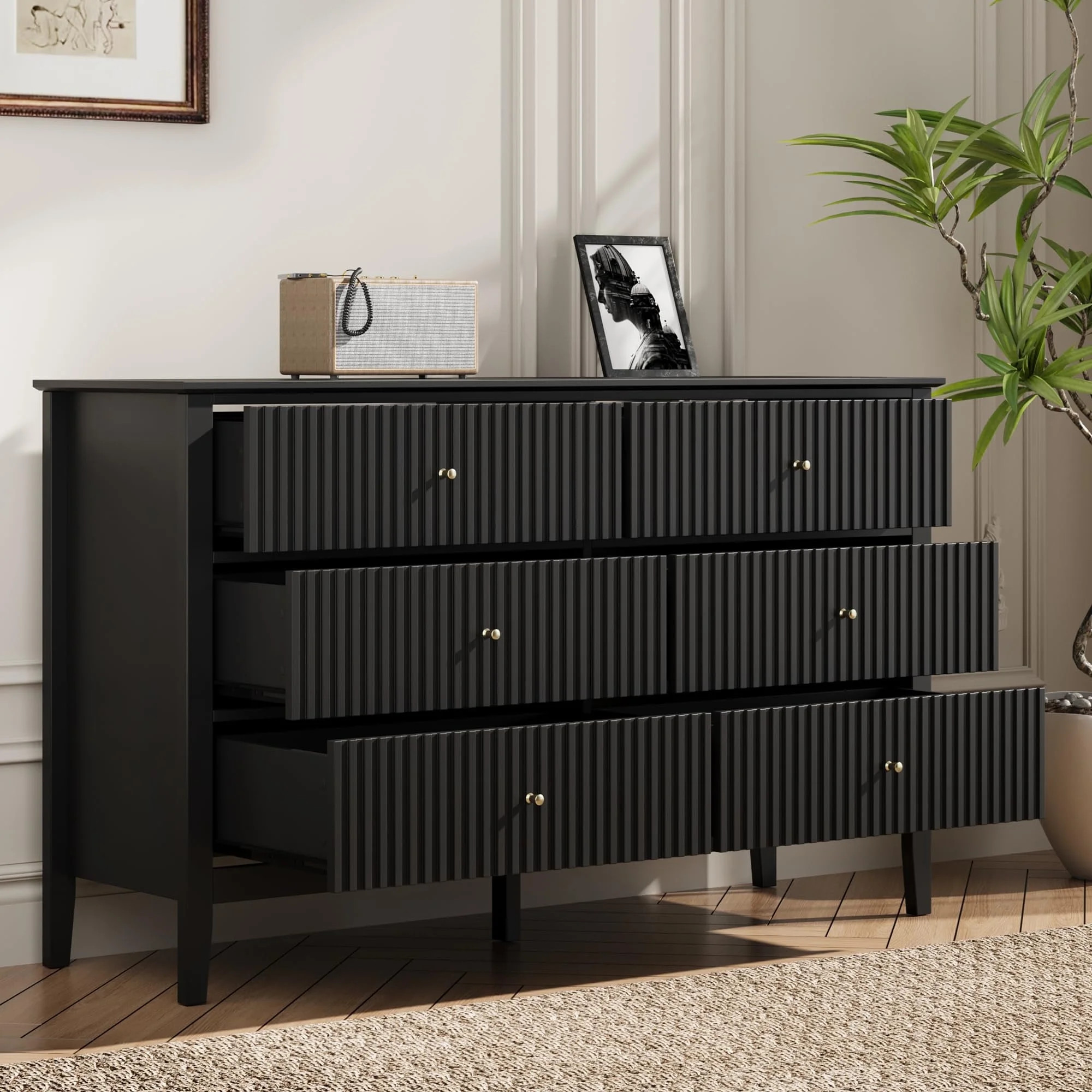 Black Dresser Fluted 6 Drawer Dresser Wide Modern Chest of Drawers Large Closet Dressers Wood Sto... | Walmart (US)