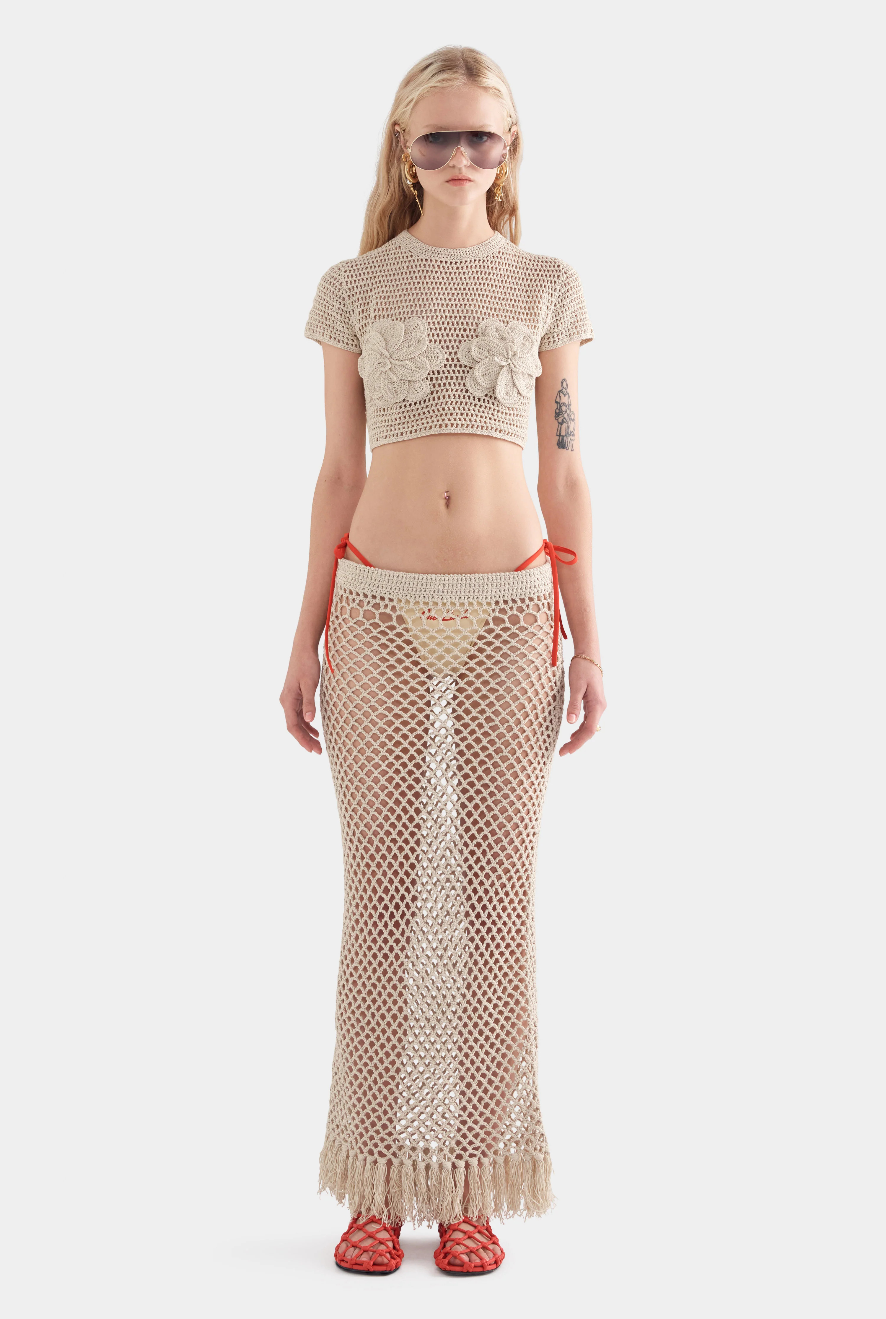 Womens Fringed Crochet Cotton Midi Skirt in Natural | Venroy | Venroy AU