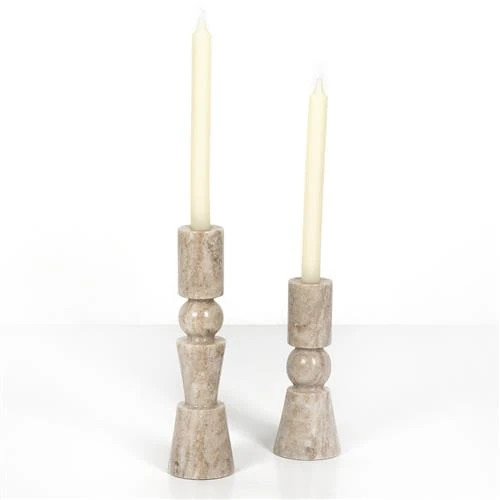 Rosie Rustic Lodge Taupe Marble Candlestick Candleholder - Set of 2 | Kathy Kuo Home