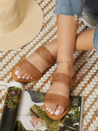 Twin Woven Straw Bands Flat Slide Sandals | SHEIN