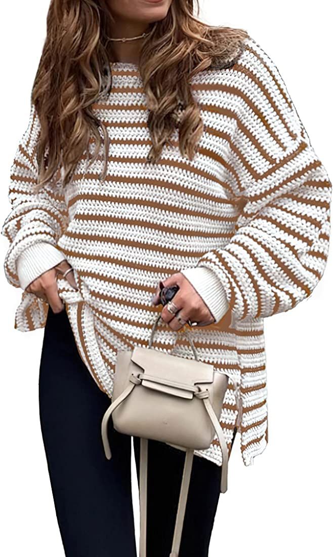 KIRUNDO 2022 Fall Winter Women's Oversized Long Sleeve Striped Sweater Casual Crewneck Side Split Pu | Amazon (US)