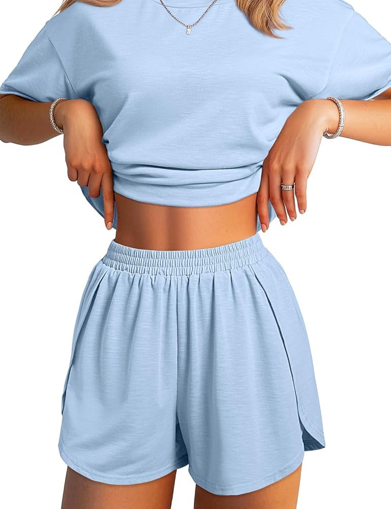 JUSTFASHIONNOW Split Short Bamboo Pajama Set Cute Summer Pjs for Women 2 Piece Short Sleeve Loung... | Amazon (US)