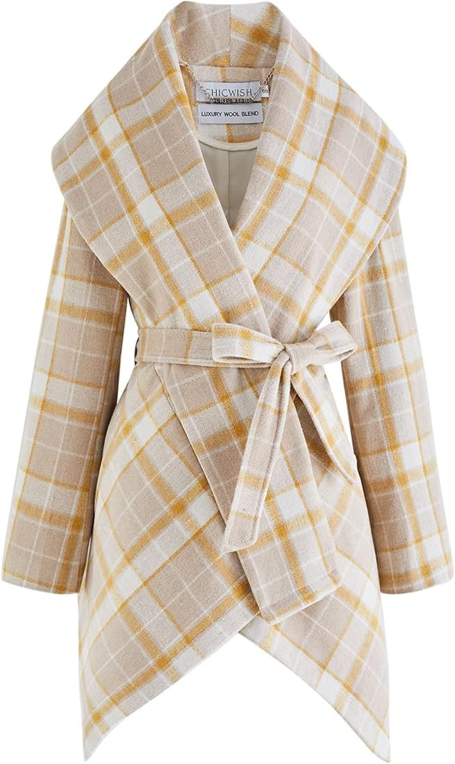CHICWISH Women's Turn Down Shawl Collar Earth Tone Check Asymmetric Hemline Wool Blend Coat | Amazon (US)