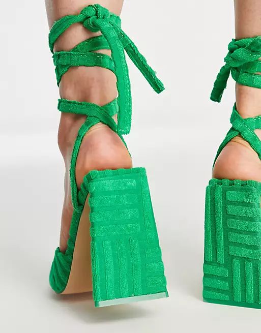 Public Desire Mojito tie up block heel sandals in green towelling | ASOS (Global)