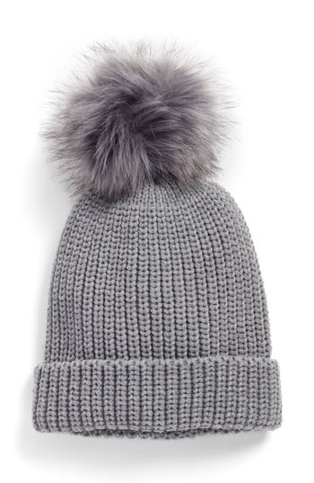 Women's Treasure & Bond Chunky Stitch Beanie With Faux Fur Pom - Grey | Nordstrom