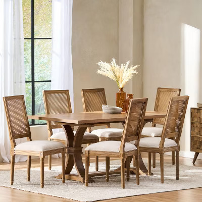 Christopher Knight Home Pampas French Country Fabric Upholstered Wood and Cane 7 Piece Expandable Dining Set, Beige/Natural Brown | Target