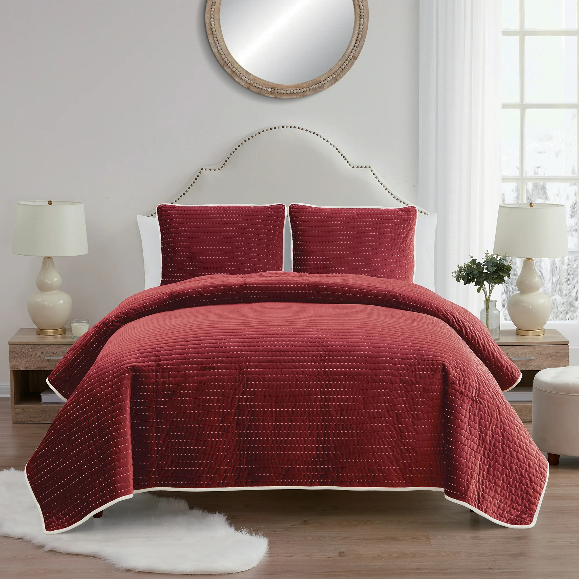 My Texas House Quinn Savvy Red Pick Stitch Stripe Velvet 3-Piece Quilt Set, King | Walmart (US)