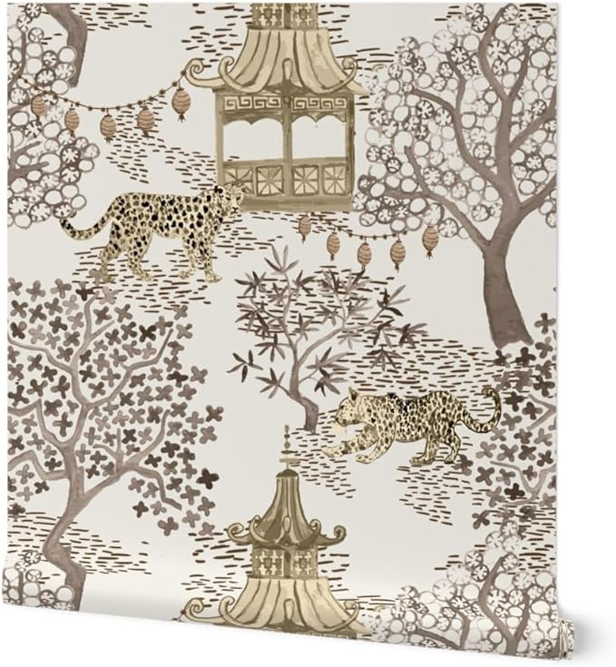 Peel & Stick Wallpaper 3ft x 2ft - Chinoiserie Pagoda Leopard Print Watercolor Neutral Brown Crea... | Amazon (US)