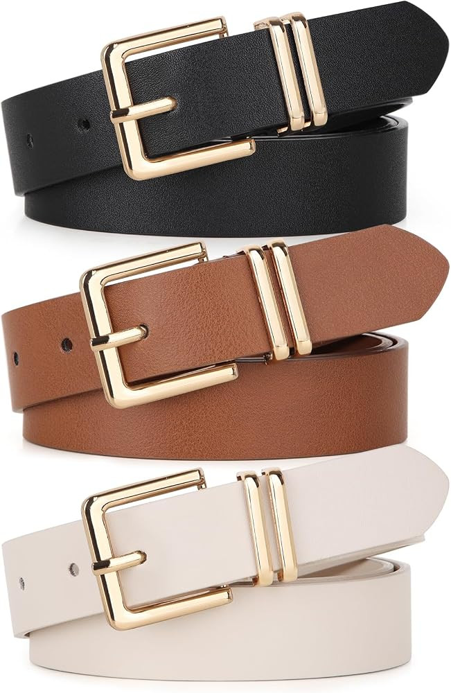UnFader Pack 3 Women Belts for Jeans Pants, Fashion Gold Buckle Leather Belts | Amazon (US)