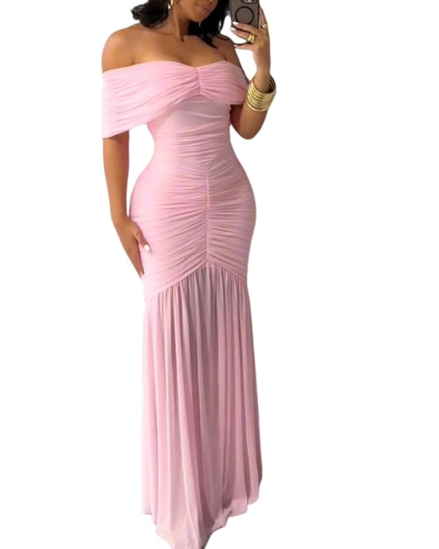 Women's Formal Dress Off Shoulder Cinched Waist Ruched Slim Fit Dress Mermaid Hem Maxi Cocktail P... | Amazon (US)