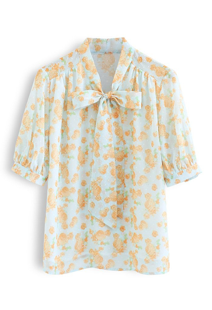 Rose Print Flock Dots Bowknot Chiffon Shirt in Orange | Chicwish