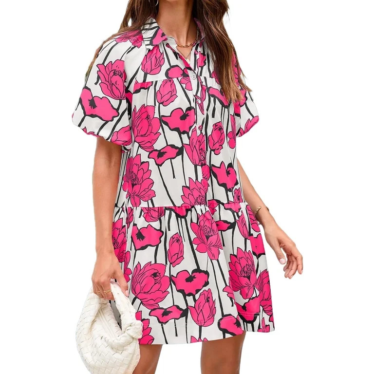 Short Sleeve Women Floral Print Loose Fit Lapel V-neck Casual Mini Dress | Walmart (US)