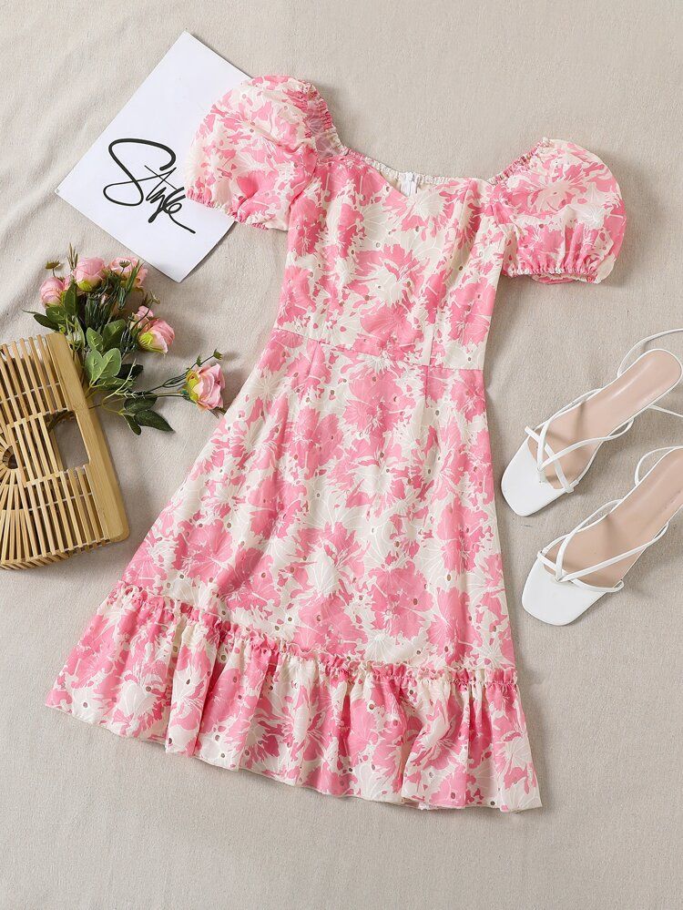 Allover Floral Print Puff Sleeve Frill Trim Dress | SHEIN