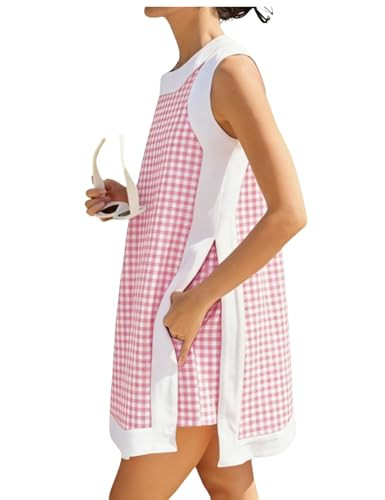 Bankeng Women's 2 Piece Sets Casual Color Block Crewneck Sleeveless Plaid Pullover Tops Matching Shorts with Pockets(Pink,L) | Amazon (US)