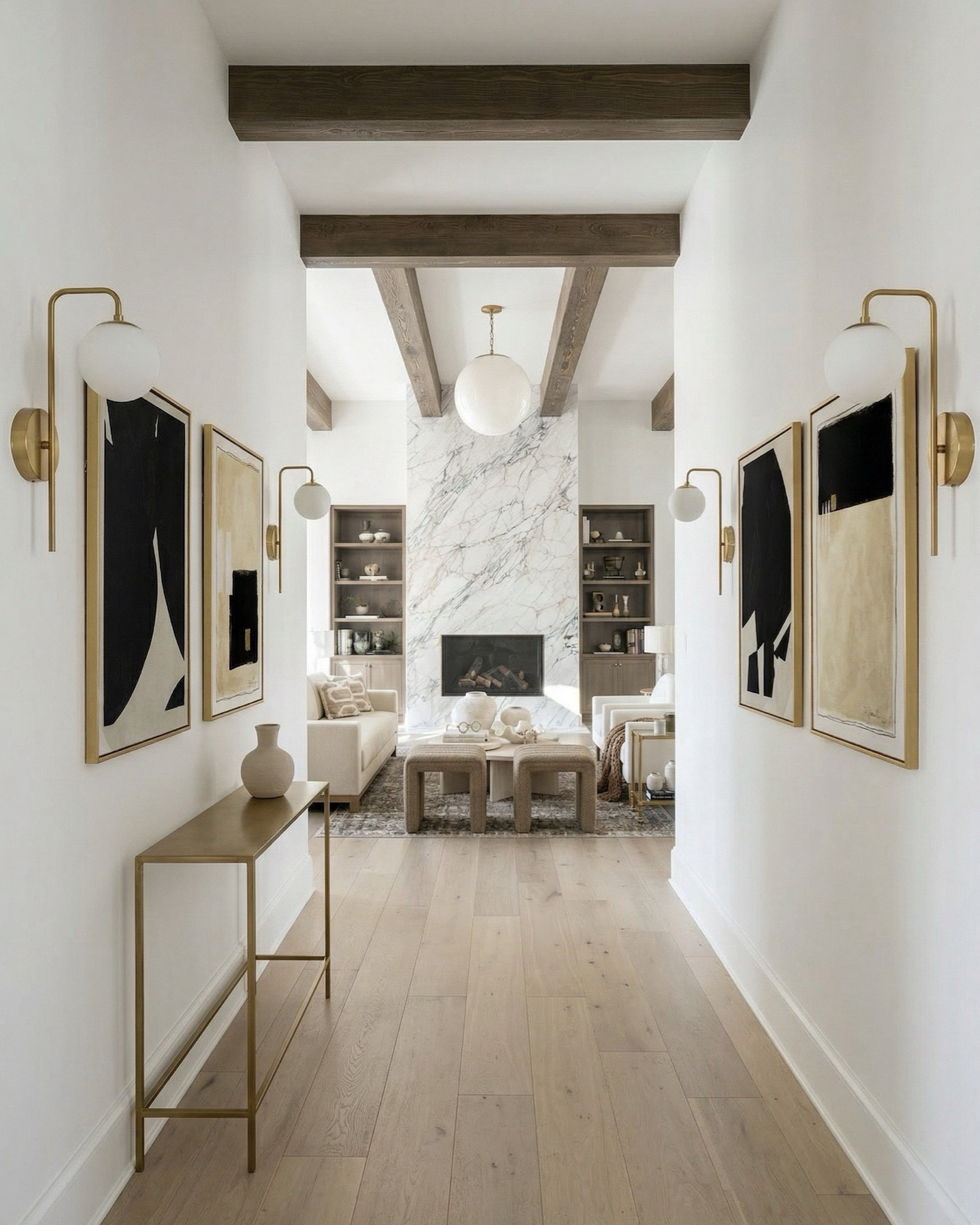 Shop the look:
• Cream upholstered sofa / neutral fabric couch • Ivory boucle accent chairs • Round light wood coffee table • Textured boucle ottomans / foot stools • Vintage distressed area rug (neutral patterned rug) • Marble slab fireplace wall / stone fireplace design • Custom built-in shelving / wood built-ins • Decorative vases (ceramic + sculptural decor) • Coffee table books + tray styling decor • Wood console table (rustic entryway table) • Upholstered bench / small stool • Brass table lamp with patterned shade • Glass + brass side table • Framed abstract wall art (neutral artwork) • Wall sconces with globe lighting • Olive branch stems / faux greenery • Woven throw blanket / textured throw • Decorative beads / bowl accents

#LTKhome #LTKsale #LTKstyletip