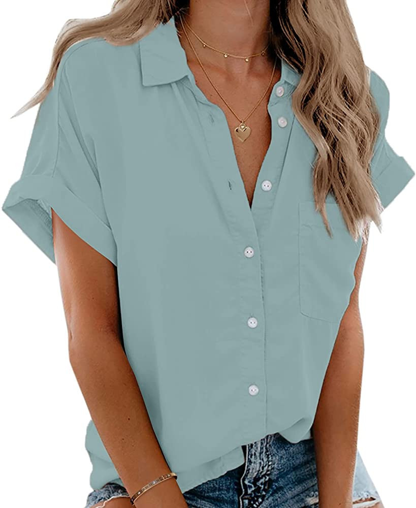 Beautife Womens Short Sleeve Shirts V Neck Collared Button Down Shirt Tops with Pockets | Amazon (US)