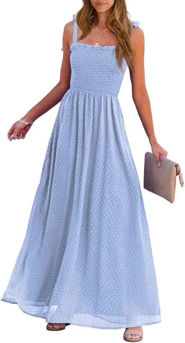 PRETTYGARDEN Women's Casual Summer Boho Maxi Dresses 2023 Tie Straps Square Neck Solid Swiss Dot ... | Amazon (US)