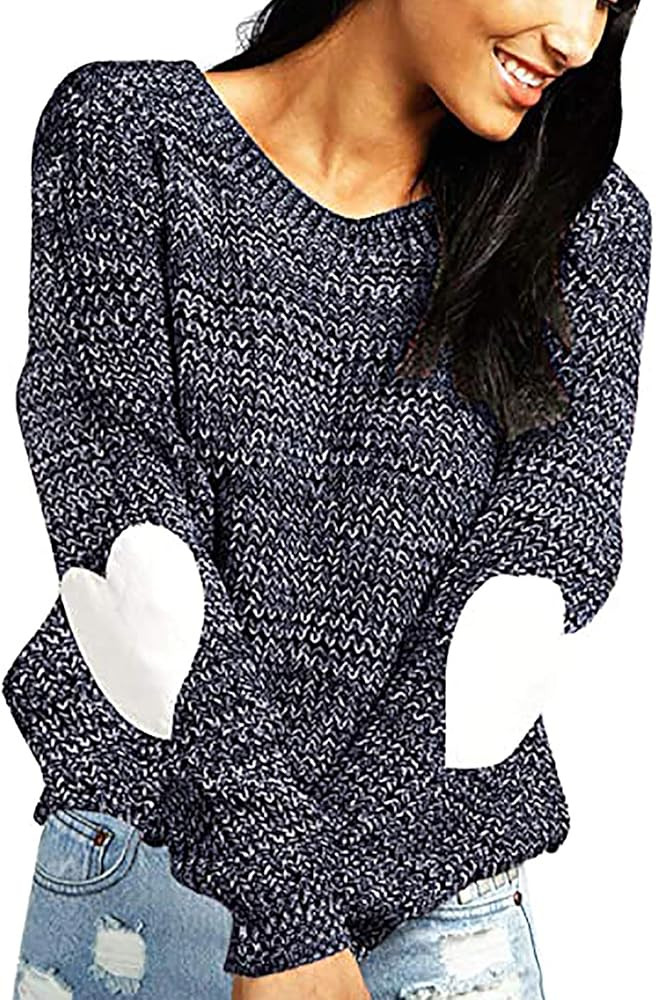 shermie Women's Cute Heart Pattern Elbow Patchwork Casual Crewneck Knitted Sweaters Pullover | Amazon (US)