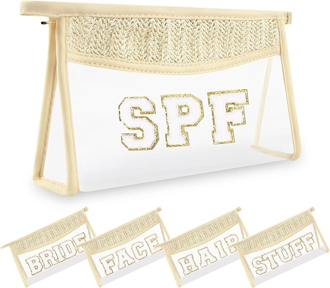 Small Boho Straw Clear Spf Makeup Bags for Women&Girls, Zipper Cosmetic Bag Chenille Varsity Lett... | Amazon (US)