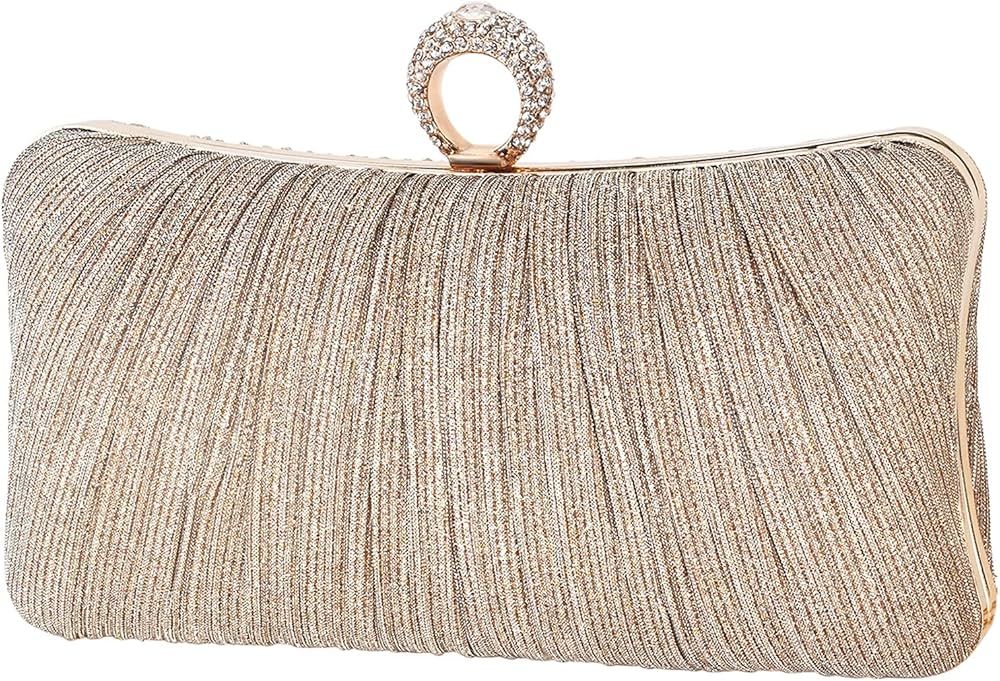 Womens Golden Glitter Clutch Purse Pleated Evening Bag for Bridal Wedding Party with Rhinestone R... | Amazon (US)