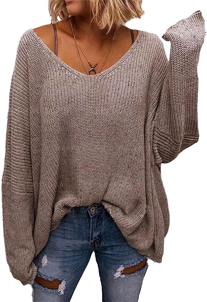 Delou Women's V Neck Long Sleeve Knit Batwing Sleeve Loose Oversized Pullover Sweater | Amazon (US)