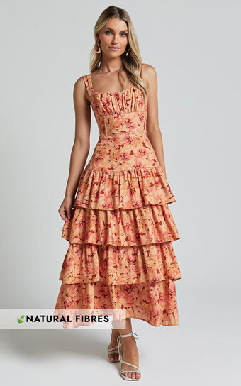 Amalie The Label - Adela Linen Blend Tiered Midi Dress in Valencia Print | Showpo (US, UK & Europe)