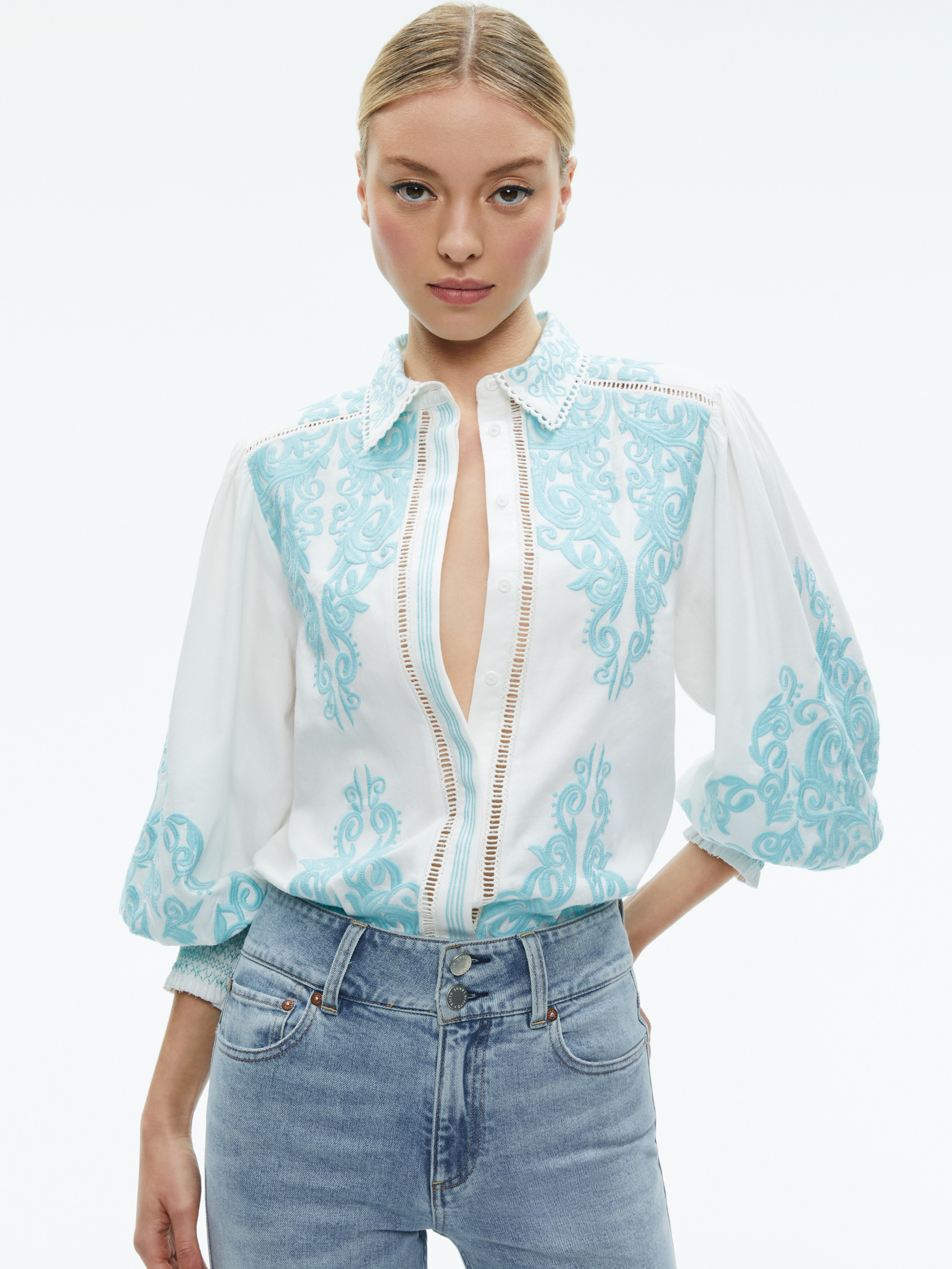 LORYN EMBROIDERED BUTTON DOWN BLOUSE | Alice + Olivia