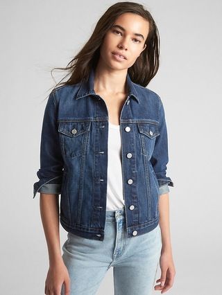 Gap Womens Icon Denim Jacket Dark Wash Size L Tall | Gap US