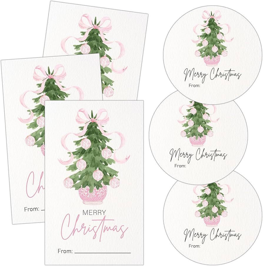 Christmas Stickers, Chinoiserie Pink Bow Christmas Tree Labels for Present, 20 Round & 20 Rectang... | Amazon (US)
