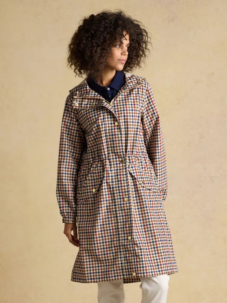 Joules Holkham Gingham Waterproof Packable Raincoat With Hood | Next AU