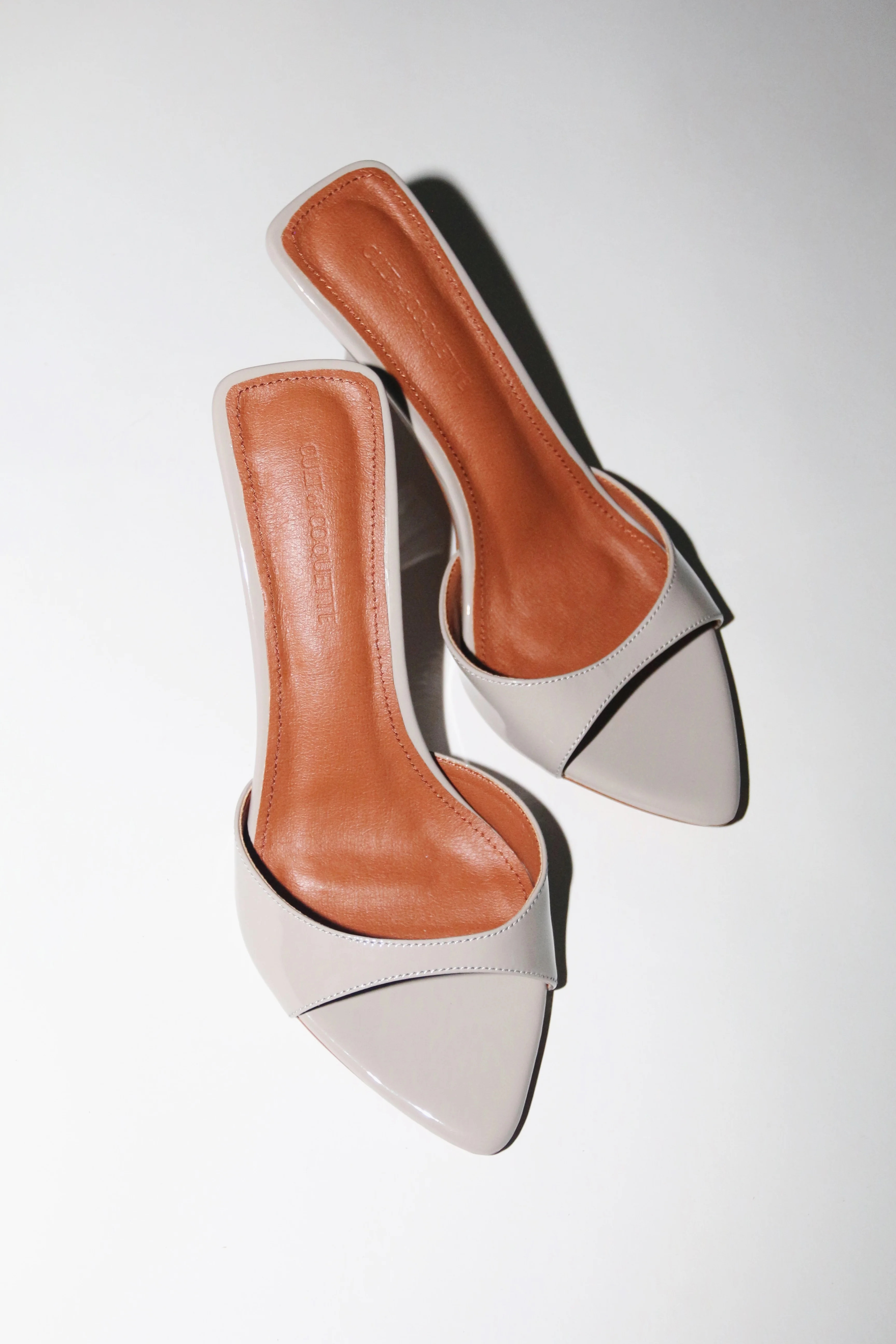 Zena Grey Patent Vegan Mules 80 mm | CULT OF COQUETTE