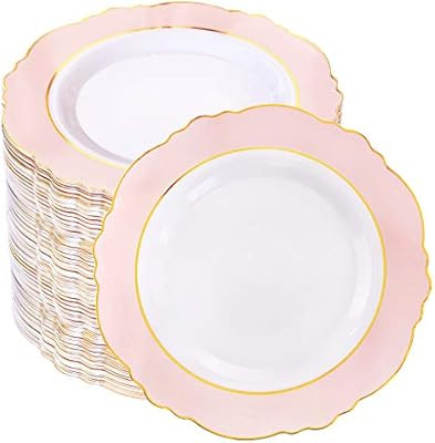 WDF 60pcs Pink Plastic Plates -Baroque Pink &Gold Disposable Dessert/Salad Plates for Upscale Par... | Amazon (US)