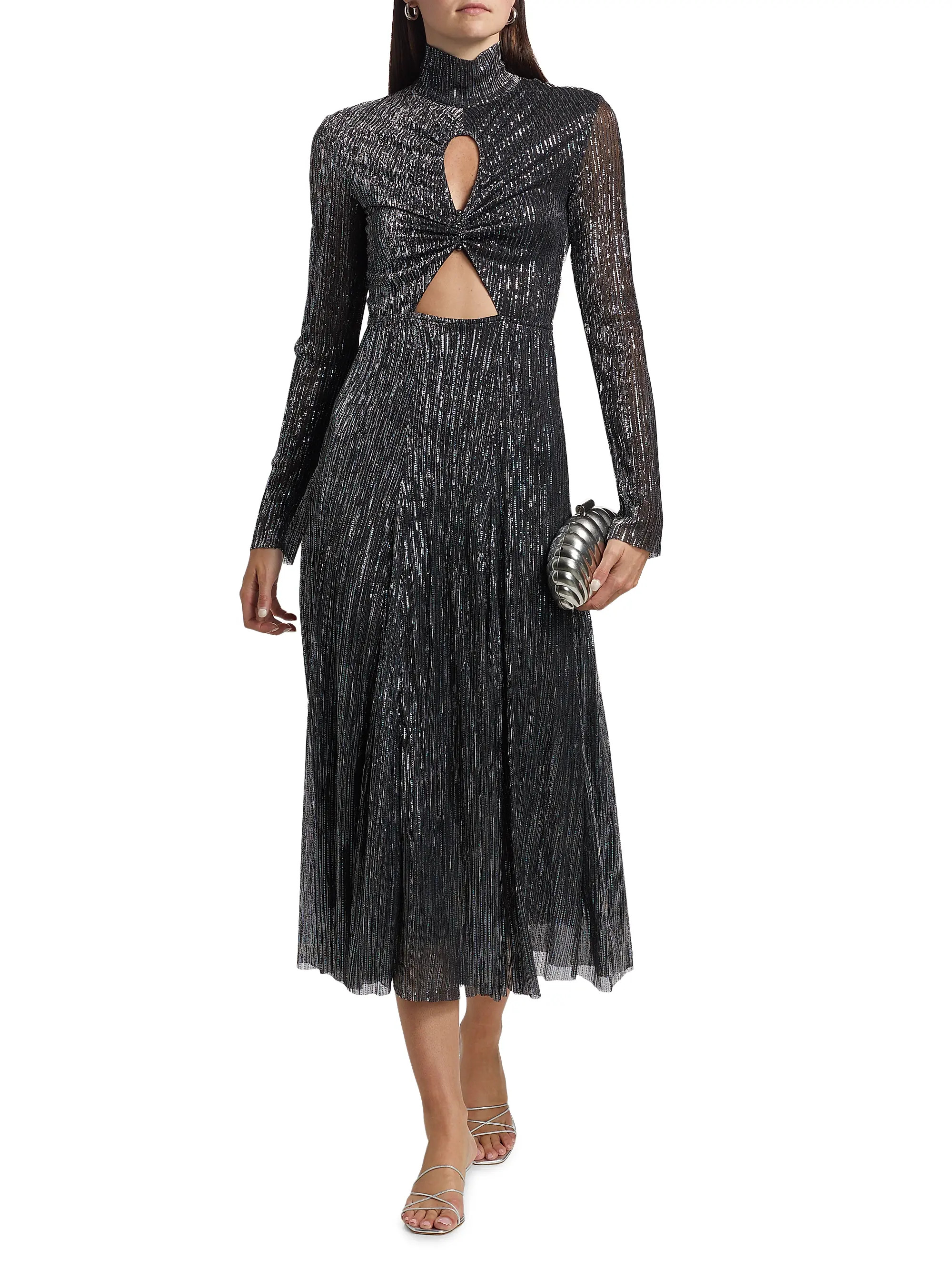 Nalani Metallic Pleated Cut Out Midi-Dress | Saks Fifth Avenue