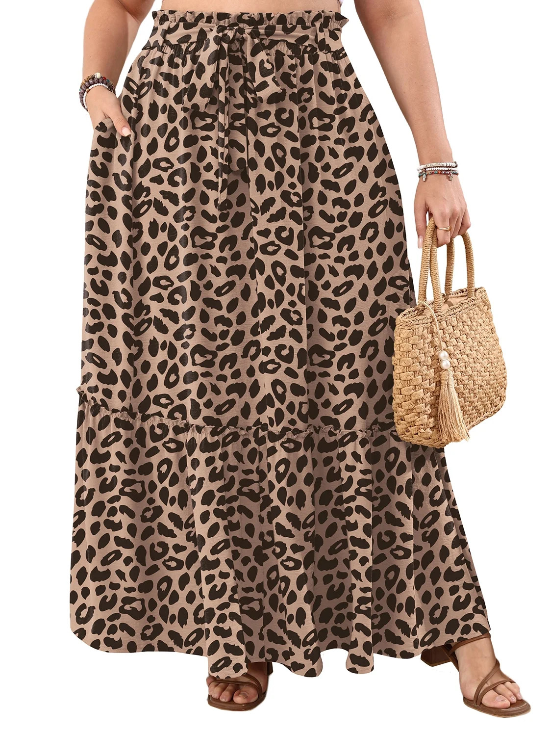 Cueply Women's Plus Size Casual High Waist Tie Front Long Skirts with Pockets Flowy Summer Pleated Tiered Elastic Skirt - Walmart.com | Walmart (US)