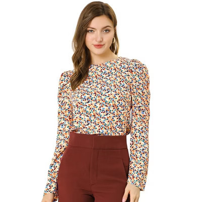 INSPIRE CHIC Women's Retro Puff Long Sleeve Round Neck Puffy Chiffon Blouse Tops White Small | Target