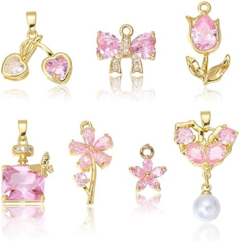 10Pcs Gold Flower Charms for Jewelry Making Cherry Perfume Bow Floral Pink Crystal Charms Brass C... | Amazon (US)