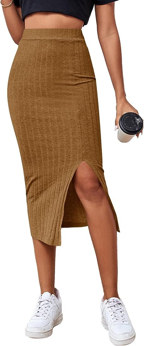 Women's High Waist Stretchy Rib Knit Split Slit Hem Midi Pencil Skirt | Amazon (US)